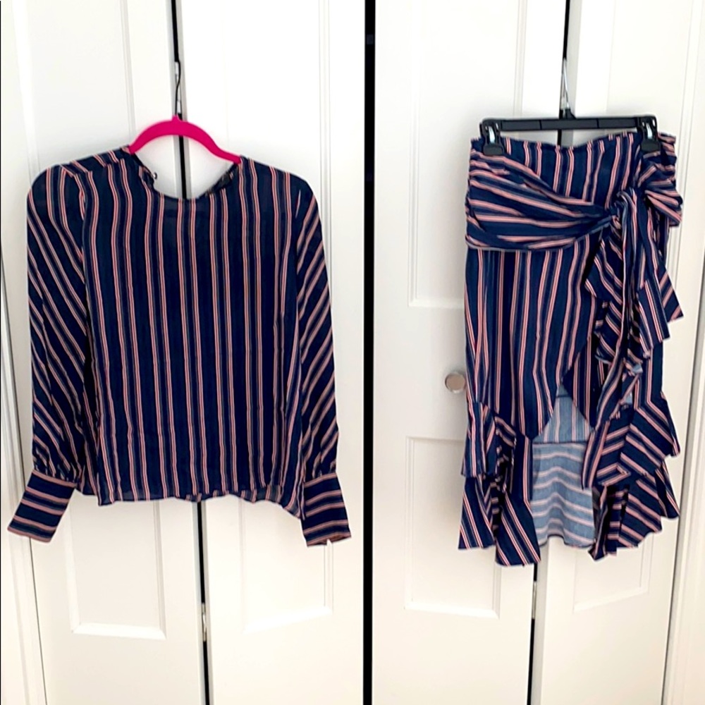Intermix skirt and silk shirt set blue red + white